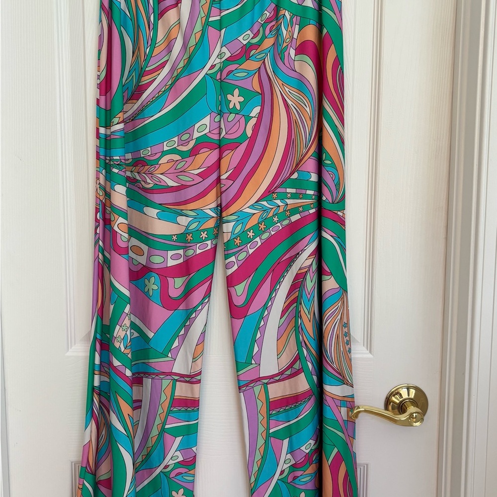 Pink and Green Wide Leg Pants with Psychedelic Print
